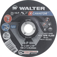 WALTER Surface Technologies - 16 Grit, 6" Wheel Diam, 1/4" Wheel Thickness, 7/8" Arbor Hole, Type 27 Depressed Center Wheel - Aluminum Oxide, Resinoid Bond, 10,200 Max RPM - Exact Tooling