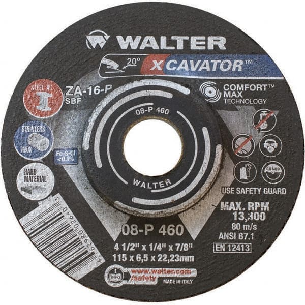 WALTER Surface Technologies - 16 Grit, 4-1/2" Wheel Diam, 1/4" Wheel Thickness, 7/8" Arbor Hole, Type 27 Depressed Center Wheel - Aluminum Oxide, Resinoid Bond, 13,300 Max RPM - Exact Tooling