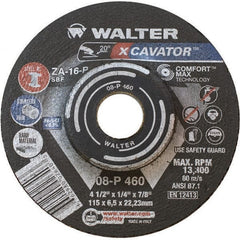WALTER Surface Technologies - 16 Grit, 4-1/2" Wheel Diam, 1/4" Wheel Thickness, 7/8" Arbor Hole, Type 27 Depressed Center Wheel - Aluminum Oxide, Resinoid Bond, 13,300 Max RPM - Exact Tooling