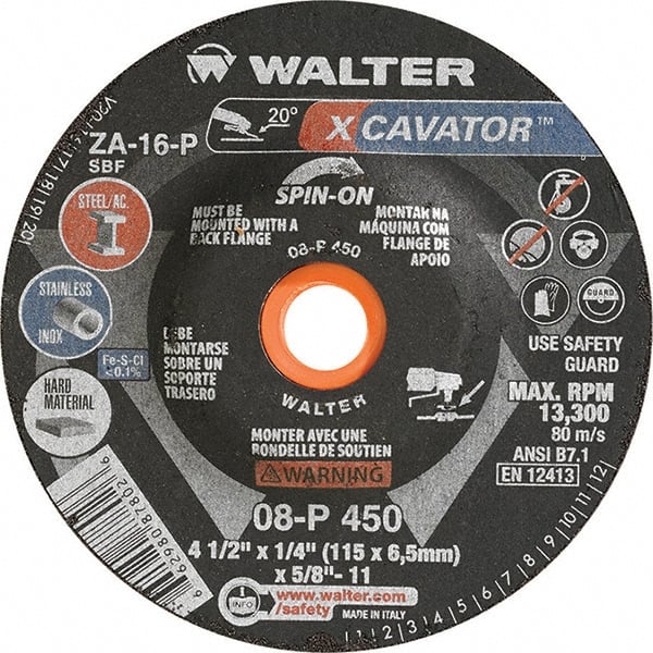 WALTER Surface Technologies - 16 Grit, 4-1/2" Wheel Diam, 1/4" Wheel Thickness, Type 27 Depressed Center Wheel - Aluminum Oxide, Resinoid Bond, 13,300 Max RPM - Exact Tooling