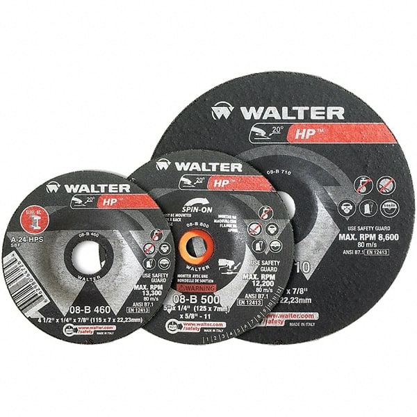 WALTER Surface Technologies - 24 Grit, 9" Wheel Diam, 1/4" Wheel Thickness, Type 28 Depressed Center Wheel - Aluminum Oxide, Resinoid Bond, 6,600 Max RPM - Exact Tooling