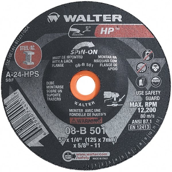 WALTER Surface Technologies - 24 Grit, 5" Wheel Diam, 1/4" Wheel Thickness, Type 28 Depressed Center Wheel - Aluminum Oxide, Resinoid Bond, 12,200 Max RPM - Exact Tooling