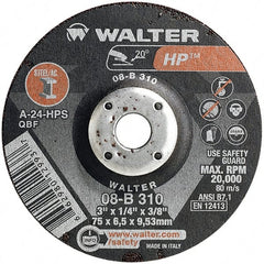 WALTER Surface Technologies - 24 Grit, 3" Wheel Diam, 1/4" Wheel Thickness, 3/8" Arbor Hole, Type 27 Depressed Center Wheel - Aluminum Oxide, Resinoid Bond, 20,000 Max RPM - Exact Tooling