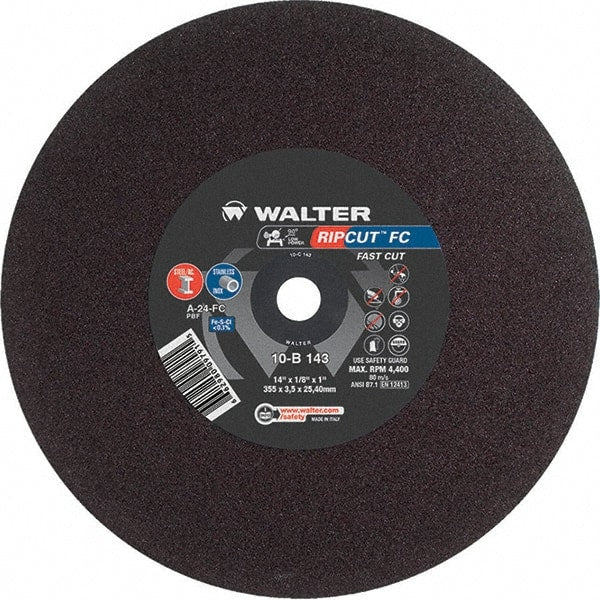 WALTER Surface Technologies - 14" 24 Grit Aluminum Oxide Cutoff Wheel - 1/8" Thick, 1" Arbor, 4,400 Max RPM, Use with Stationary Tools - Exact Tooling