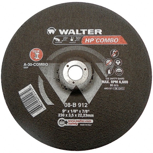 WALTER Surface Technologies - 30 Grit, 9" Wheel Diam, 1/8" Wheel Thickness, 7/8" Arbor Hole, Type 27 Depressed Center Wheel - Aluminum Oxide, Resinoid Bond, 6,600 Max RPM - Exact Tooling