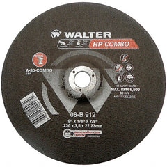 WALTER Surface Technologies - 30 Grit, 9" Wheel Diam, 1/8" Wheel Thickness, 7/8" Arbor Hole, Type 27 Depressed Center Wheel - Aluminum Oxide, Resinoid Bond, 6,600 Max RPM - Exact Tooling