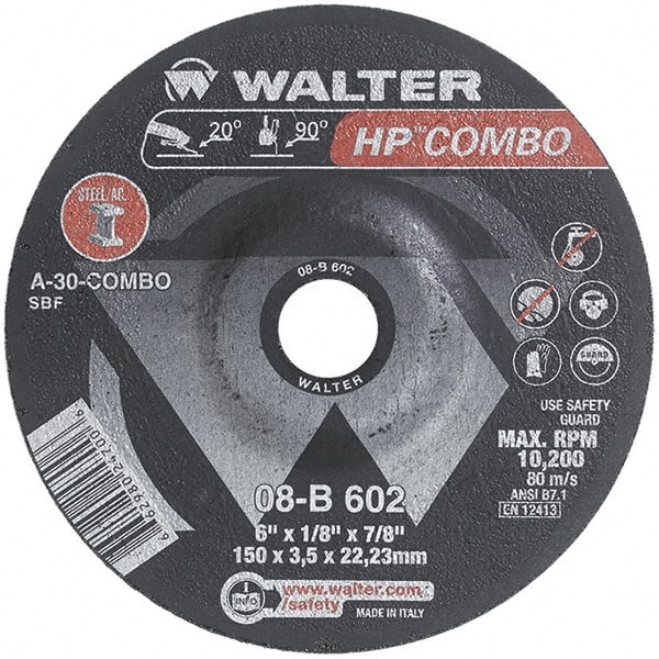 WALTER Surface Technologies - 30 Grit, 6" Wheel Diam, 1/8" Wheel Thickness, 7/8" Arbor Hole, Type 27 Depressed Center Wheel - Aluminum Oxide, Resinoid Bond, 10,200 Max RPM - Exact Tooling