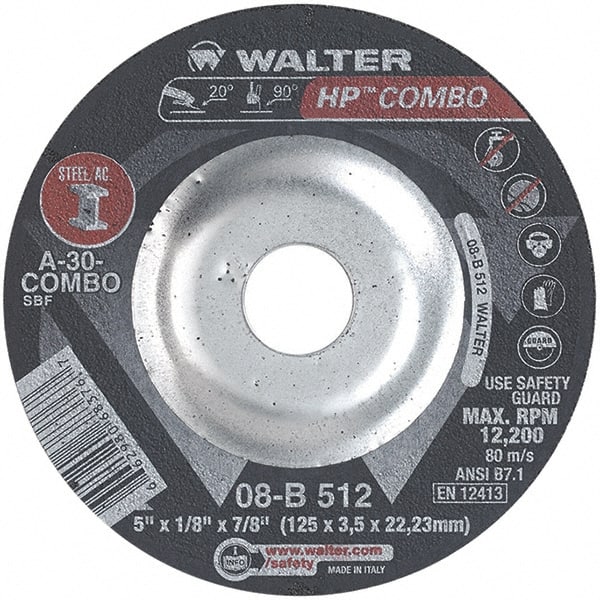 WALTER Surface Technologies - 30 Grit, 5" Wheel Diam, 1/8" Wheel Thickness, 7/8" Arbor Hole, Type 27 Depressed Center Wheel - Aluminum Oxide, Resinoid Bond, 12,200 Max RPM - Exact Tooling