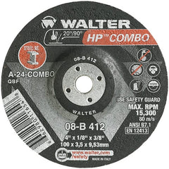 WALTER Surface Technologies - 24 Grit, 4" Wheel Diam, 1/8" Wheel Thickness, 3/8" Arbor Hole, Type 27 Depressed Center Wheel - Aluminum Oxide, Resinoid Bond, 15,000 Max RPM - Exact Tooling