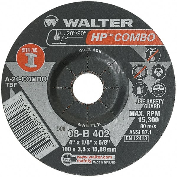 WALTER Surface Technologies - 24 Grit, 4" Wheel Diam, 1/8" Wheel Thickness, 5/8" Arbor Hole, Type 27 Depressed Center Wheel - Aluminum Oxide, Resinoid Bond, 15,000 Max RPM - Exact Tooling