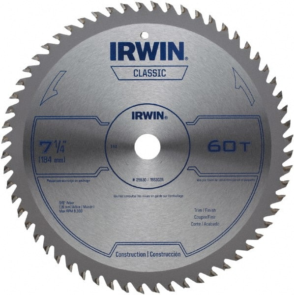 Irwin Blades - 7-1/4" Diam, 5/8" Arbor Hole Diam, 60 Tooth Wet & Dry Cut Saw Blade - Carbide-Tipped, Smooth Action, Diamond Arbor - Exact Tooling