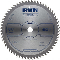 Irwin Blades - 7-1/4" Diam, 5/8" Arbor Hole Diam, 60 Tooth Wet & Dry Cut Saw Blade - Carbide-Tipped, Smooth Action, Diamond Arbor - Exact Tooling