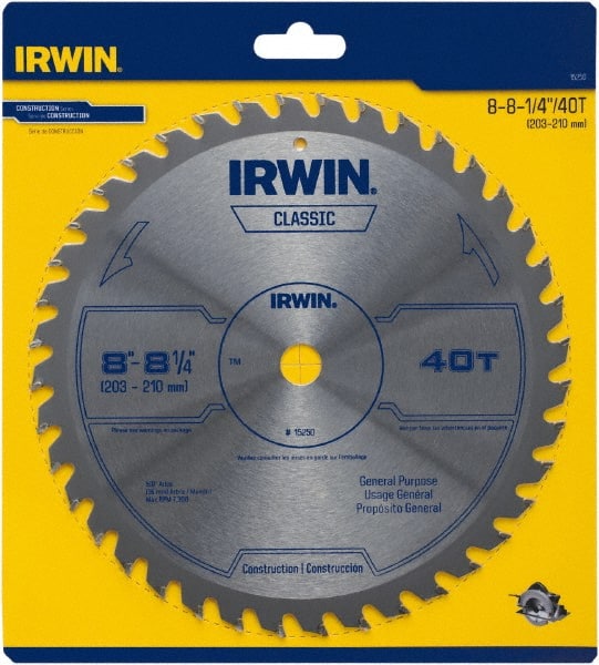 Irwin Blades - 8-1/4" Diam, 5/8" Arbor Hole Diam, 40 Tooth Wet & Dry Cut Saw Blade - Carbide-Tipped, Smooth Action, Diamond Arbor - Exact Tooling
