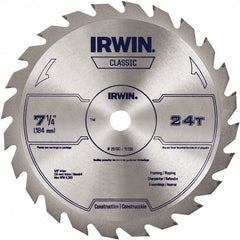 Irwin Blades - 7-1/4" Diam, 5/8" Arbor Hole Diam, 24 Tooth Wet & Dry Cut Saw Blade - Carbide-Tipped, Smooth Action, Diamond Arbor - Exact Tooling