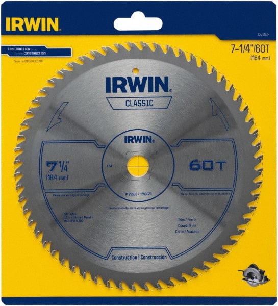 Irwin Blades - 7-1/4" Diam, 5/8" Arbor Hole Diam, 60 Tooth Wet & Dry Cut Saw Blade - Carbide-Tipped, Smooth Action, Diamond Arbor - Exact Tooling