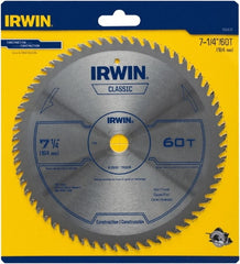 Irwin Blades - 7-1/4" Diam, 5/8" Arbor Hole Diam, 60 Tooth Wet & Dry Cut Saw Blade - Carbide-Tipped, Smooth Action, Diamond Arbor - Exact Tooling