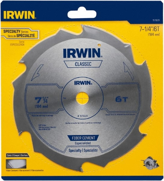 Irwin Blades - 7-1/4" Diam, 5/8" Arbor Hole Diam, 6 Tooth Wet & Dry Cut Saw Blade - Diamond-Tipped, Smooth Action, Diamond Arbor - Exact Tooling