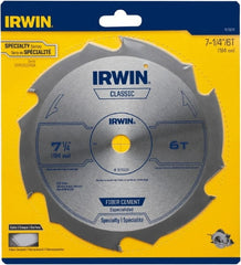 Irwin Blades - 7-1/4" Diam, 5/8" Arbor Hole Diam, 6 Tooth Wet & Dry Cut Saw Blade - Diamond-Tipped, Smooth Action, Diamond Arbor - Exact Tooling