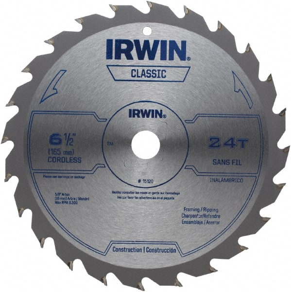 Irwin - 6-1/2" Diam, 5/8" Arbor Hole Diam, 24 Tooth Wet & Dry Cut Saw Blade - Carbide-Tipped, Smooth Action, Diamond Arbor - Exact Tooling
