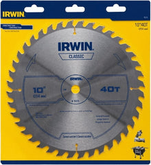 Irwin Blades - 10" Diam, 5/8" Arbor Hole Diam, 40 Tooth Wet & Dry Cut Saw Blade - Carbide-Tipped, Smooth Action, Diamond Arbor - Exact Tooling