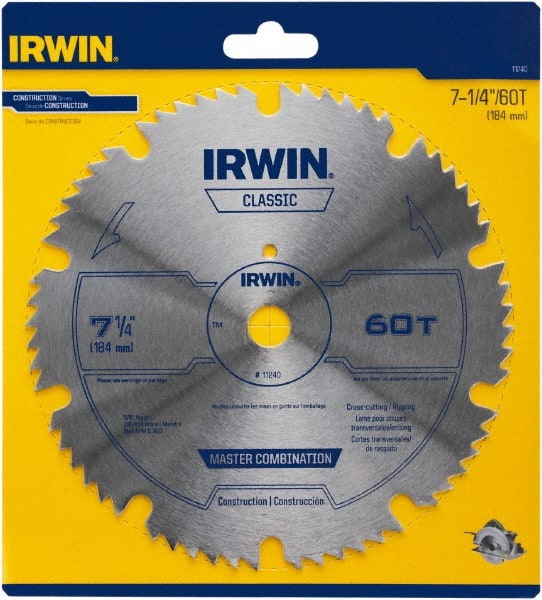 Irwin Blades - 7-1/4" Diam, 5/8" Arbor Hole Diam, 60 Tooth Wet & Dry Cut Saw Blade - High Carbon Steel, Smooth Action, Diamond Arbor - Exact Tooling
