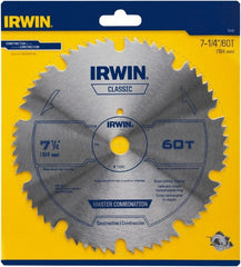 Irwin Blades - 7-1/4" Diam, 5/8" Arbor Hole Diam, 60 Tooth Wet & Dry Cut Saw Blade - High Carbon Steel, Smooth Action, Diamond Arbor - Exact Tooling
