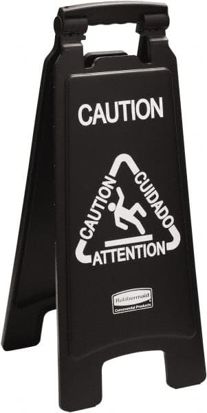 Rubbermaid - Attention/Caution/Cuidado, 11" Wide x 25" High, Polypropylene Floor Sign - English/French/Spanish, A-Frame, White on Black, For Accident Prevention - Exact Tooling