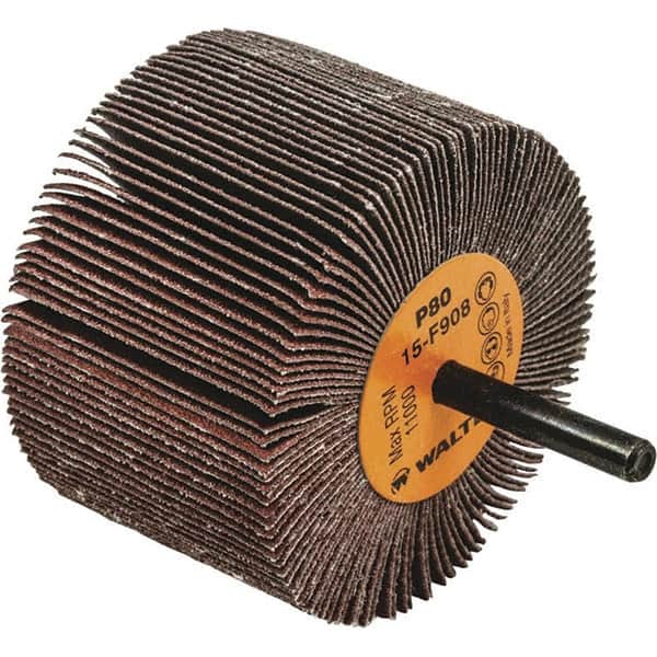 WALTER Surface Technologies - 3" Diam x 2" Face Width, Medium Aluminum Oxide Coated Mounted Flap Wheel - 1/4" Shank Mount, 80 Grit, Cloth Backing, 11,000 Max RPM - Exact Tooling