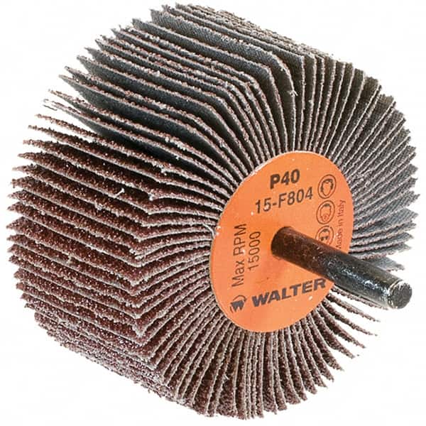 WALTER Surface Technologies - 3" Diam x 1-1/2" Face Width, Coarse Aluminum Oxide Coated Mounted Flap Wheel - 1/4" Shank Mount, 40 Grit, Cloth Backing, 15,000 Max RPM - Exact Tooling