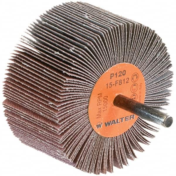 WALTER Surface Technologies - 3" Diam x 1-1/2" Face Width, Fine Aluminum Oxide Coated Mounted Flap Wheel - 1/4" Shank Mount, 120 Grit, Cloth Backing, 15,000 Max RPM - Exact Tooling