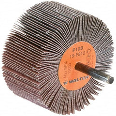 WALTER Surface Technologies - 3" Diam x 1-1/2" Face Width, Fine Aluminum Oxide Coated Mounted Flap Wheel - 1/4" Shank Mount, 120 Grit, Cloth Backing, 15,000 Max RPM - Exact Tooling