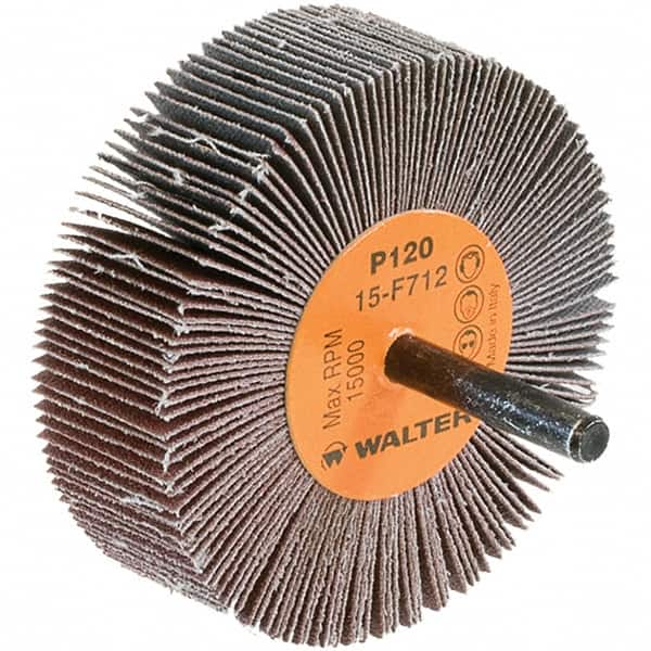 WALTER Surface Technologies - 3" Diam x 1" Face Width, Fine Aluminum Oxide Coated Mounted Flap Wheel - 1/4" Shank Mount, 120 Grit, Cloth Backing, 15,000 Max RPM - Exact Tooling