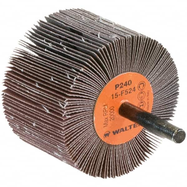 WALTER Surface Technologies - 2-1/2" Diam x 1-1/2" Face Width, Very Fine Aluminum Oxide Coated Mounted Flap Wheel - 1/4" Shank Mount, 240 Grit, Cloth Backing, 20,000 Max RPM - Exact Tooling