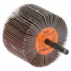 WALTER Surface Technologies - 2-1/2" Diam x 1-1/2" Face Width, Medium Aluminum Oxide Coated Mounted Flap Wheel - 1/4" Shank Mount, 80 Grit, Cloth Backing, 20,000 Max RPM - Exact Tooling