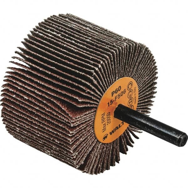 WALTER Surface Technologies - 2-1/2" Diam x 1-1/2" Face Width, Medium Aluminum Oxide Coated Mounted Flap Wheel - 1/4" Shank Mount, 60 Grit, Cloth Backing, 20,000 Max RPM - Exact Tooling