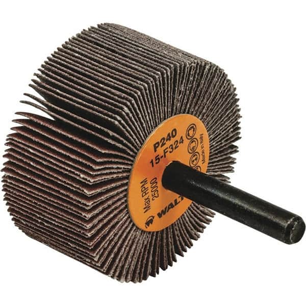 WALTER Surface Technologies - 2" Diam x 1" Face Width, Very Fine Aluminum Oxide Coated Mounted Flap Wheel - 1/4" Shank Mount, 240 Grit, Cloth Backing, 25,000 Max RPM - Exact Tooling