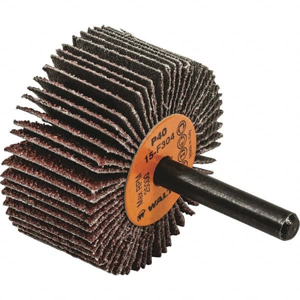 WALTER Surface Technologies - 2" Diam x 1" Face Width, Coarse Aluminum Oxide Coated Mounted Flap Wheel - 1/4" Shank Mount, 40 Grit, Cloth Backing, 25,000 Max RPM - Exact Tooling