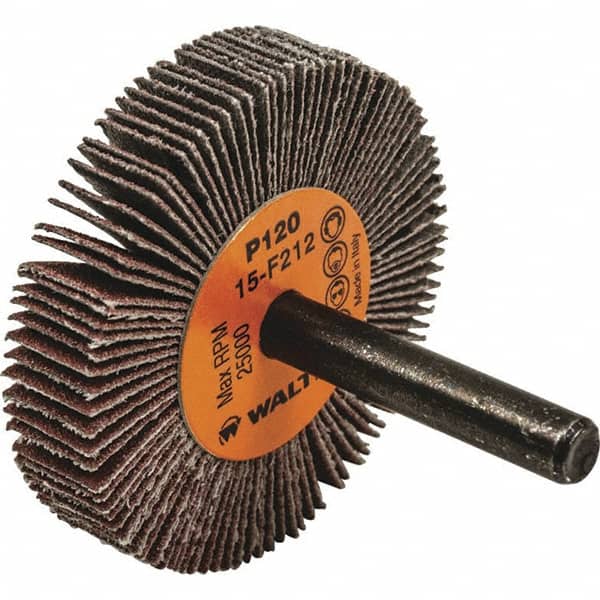 WALTER Surface Technologies - 2" Diam x 3/8" Face Width, Fine Aluminum Oxide Coated Mounted Flap Wheel - 1/4" Shank Mount, 120 Grit, Cloth Backing, 25,000 Max RPM - Exact Tooling
