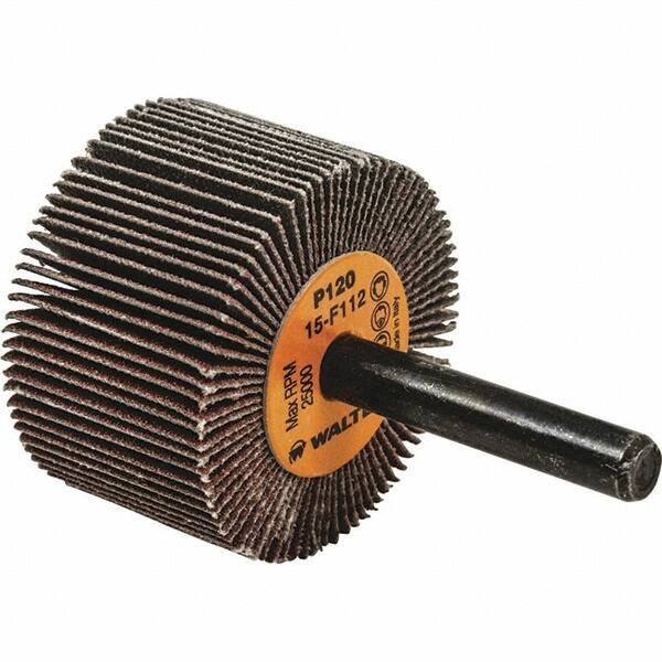 WALTER Surface Technologies - 1-1/2" Diam x 3/8" Face Width, Fine Aluminum Oxide Coated Mounted Flap Wheel - 1/4" Shank Mount, 120 Grit, Cloth Backing, 25,000 Max RPM - Exact Tooling