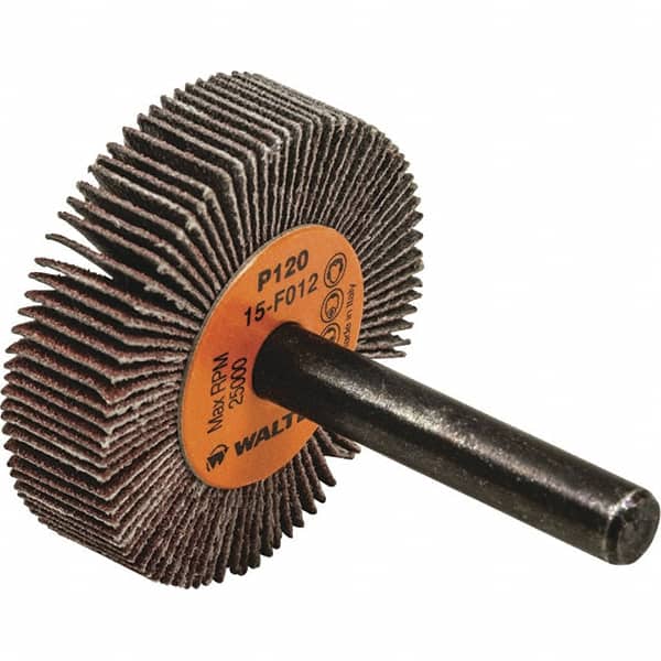 WALTER Surface Technologies - 1" Diam x 3/8" Face Width, Fine Aluminum Oxide Coated Mounted Flap Wheel - 1/4" Shank Mount, 120 Grit, Cloth Backing, 30,000 Max RPM - Exact Tooling