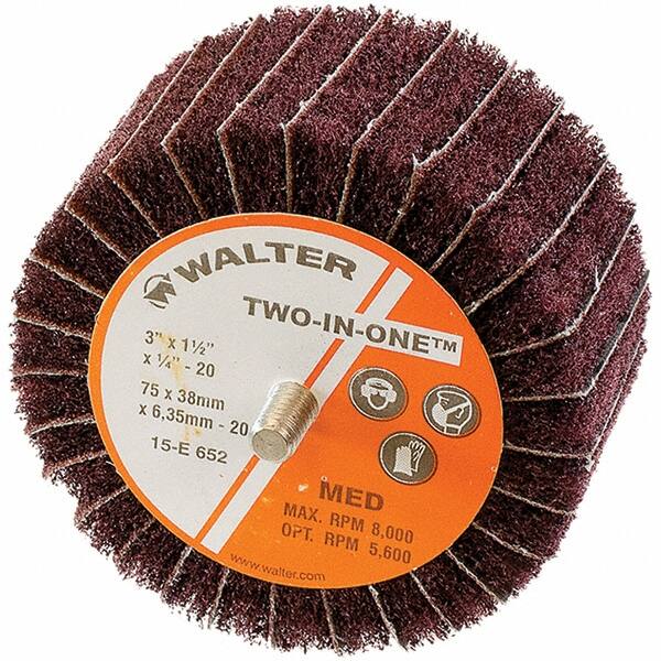 WALTER Surface Technologies - 3" Diam x 1-1/2" Face Width, Fine Aluminum Oxide Nonwoven & Coated Mounted Flap Wheel - 1/4-20 Threaded Mount, 150 Grit, Interleaf, 8,000 Max RPM - Exact Tooling