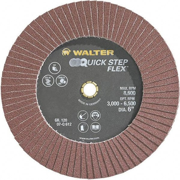 WALTER Surface Technologies - 120 Grit, 6" Disc Diam, Aluminum Oxide Flap Disc - 8,600 Max RPM, Fiber Backing, Hook & Loop Attaching System, Coated - Exact Tooling