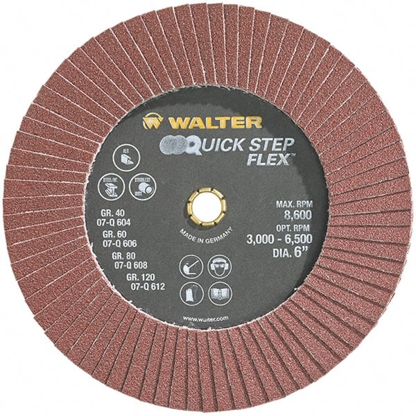 WALTER Surface Technologies - 80 Grit, 6" Disc Diam, Aluminum Oxide Flap Disc - 8,600 Max RPM, Fiber Backing, Hook & Loop Attaching System, Coated - Exact Tooling