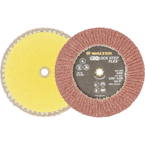 WALTER Surface Technologies - 40 Grit, 6" Disc Diam, Aluminum Oxide Flap Disc - 8,600 Max RPM, Fiber Backing, Hook & Loop Attaching System, Coated - Exact Tooling