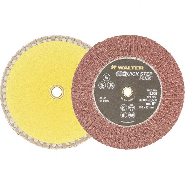 WALTER Surface Technologies - 60 Grit, 6" Disc Diam, Aluminum Oxide Flap Disc - 8,600 Max RPM, Fiber Backing, Hook & Loop Attaching System, Coated - Exact Tooling
