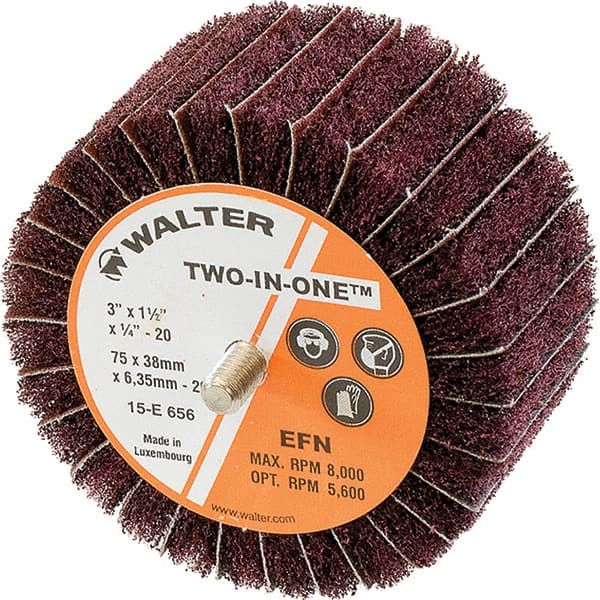 WALTER Surface Technologies - 3" Diam x 1-1/2" Face Width, Extra Fine Aluminum Oxide Nonwoven & Coated Mounted Flap Wheel - 1/4-20 Threaded Mount, 220 Grit, Interleaf, 8,000 Max RPM - Exact Tooling