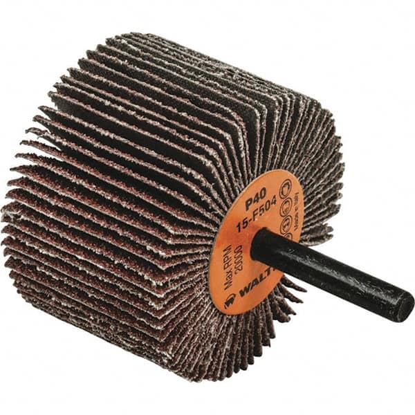 WALTER Surface Technologies - 2-1/2" Diam x 1-1/2" Face Width, Coarse Aluminum Oxide Coated Mounted Flap Wheel - 1/4" Shank Mount, 40 Grit, Cloth Backing, 20,000 Max RPM - Exact Tooling