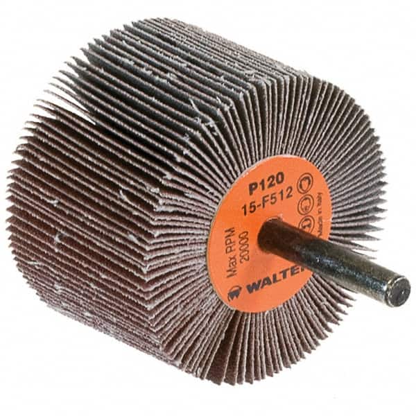 WALTER Surface Technologies - 2-1/2" Diam x 1-1/2" Face Width, Fine Aluminum Oxide Coated Mounted Flap Wheel - 1/4" Shank Mount, 120 Grit, Cloth Backing, 20,000 Max RPM - Exact Tooling