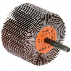 WALTER Surface Technologies - 2-1/2" Diam x 1-1/2" Face Width, Fine Aluminum Oxide Coated Mounted Flap Wheel - 1/4" Shank Mount, 120 Grit, Cloth Backing, 20,000 Max RPM - Exact Tooling