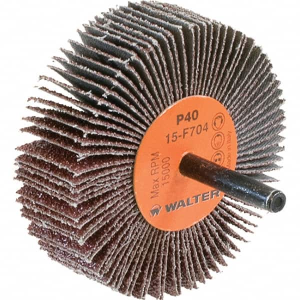 WALTER Surface Technologies - 3" Diam x 1" Face Width, Coarse Aluminum Oxide Coated Mounted Flap Wheel - 1/4" Shank Mount, 40 Grit, Cloth Backing, 15,000 Max RPM - Exact Tooling